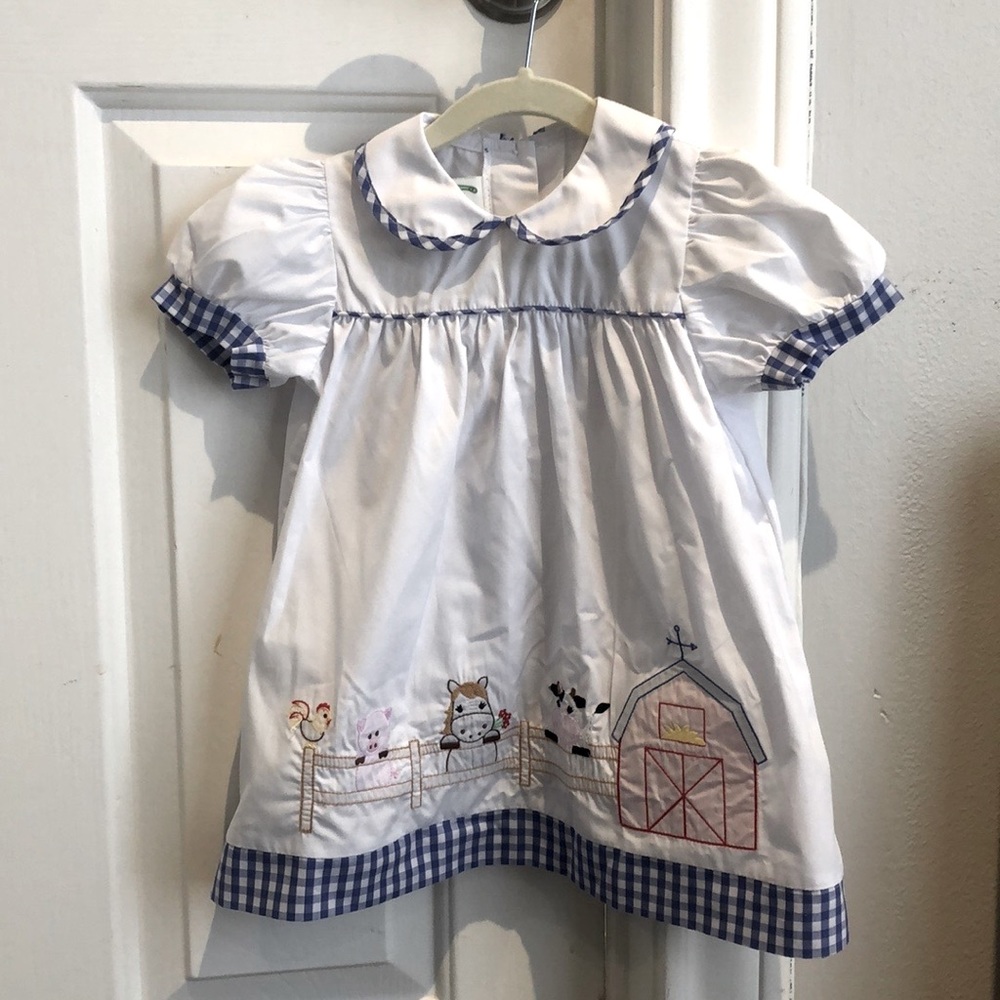 Zuccini Girls Dress, Barnyard Animal Embroidery, Blue Gingham, 24m